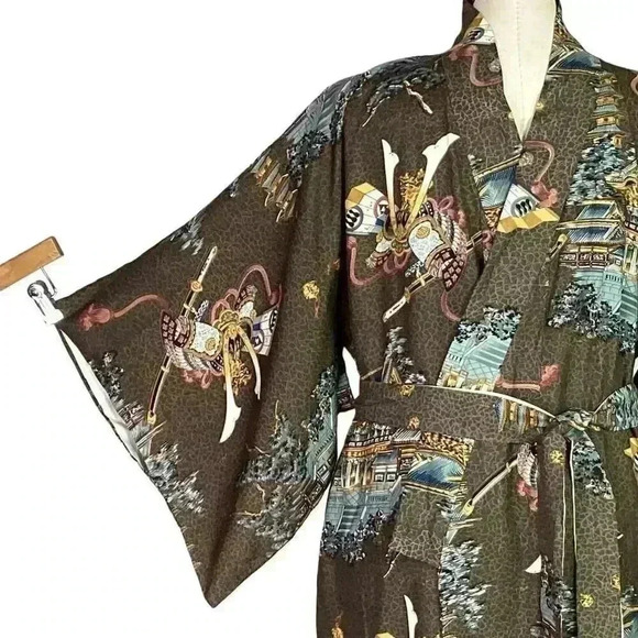 Japanese Kimono Brown Multicolor Mens Pagoda Samurai Helmet Print Lined Belt - Picture 3 of 8